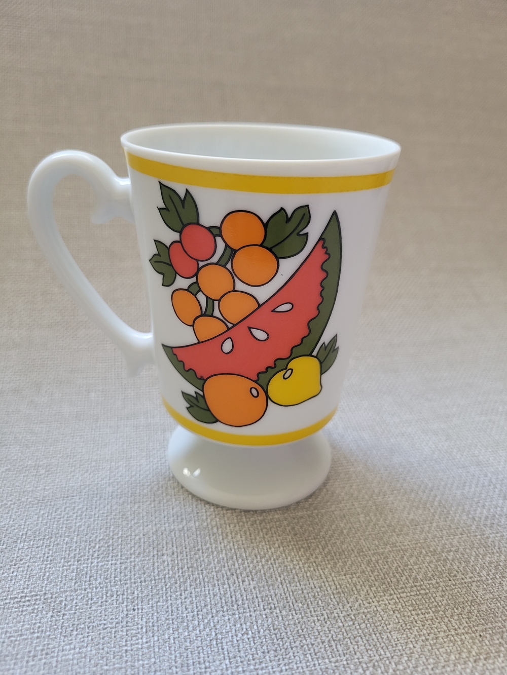 Retro 70's Mod Colorful Fruit Antique Footed Coffee Tea Mug Vibrant Colors EUC